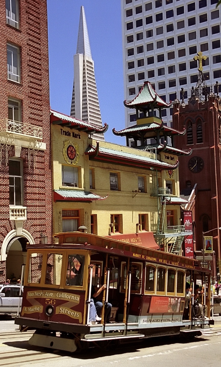 Cable Car 56 ascends Chinatown along California Street 